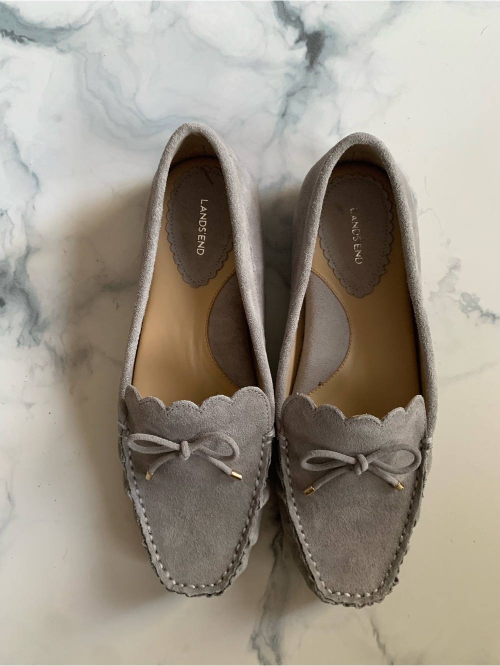 Lands' End Gray Leather Scalloped Bow Slip-On Loafer Flats Comfort Women’s US 9D